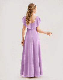 Lilac Junior Bridesmaid Dress Ruffle Collar Flowy Chiffon A-Line Floor-Length Gown Back Full View
