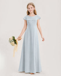 Mist Junior Bridesmaid Dress Ruffle Collar Flowy Chiffon A-Line Floor-Length Gown Front Full View