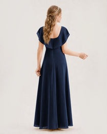Navy Blue Junior Bridesmaid Dress Ruffle Collar Flowy Chiffon A-Line Floor-Length Gown Back Full View