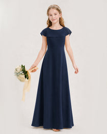 Navy Blue Junior Bridesmaid Dress Ruffle Collar Flowy Chiffon A-Line Floor-Length Gown Front Full View