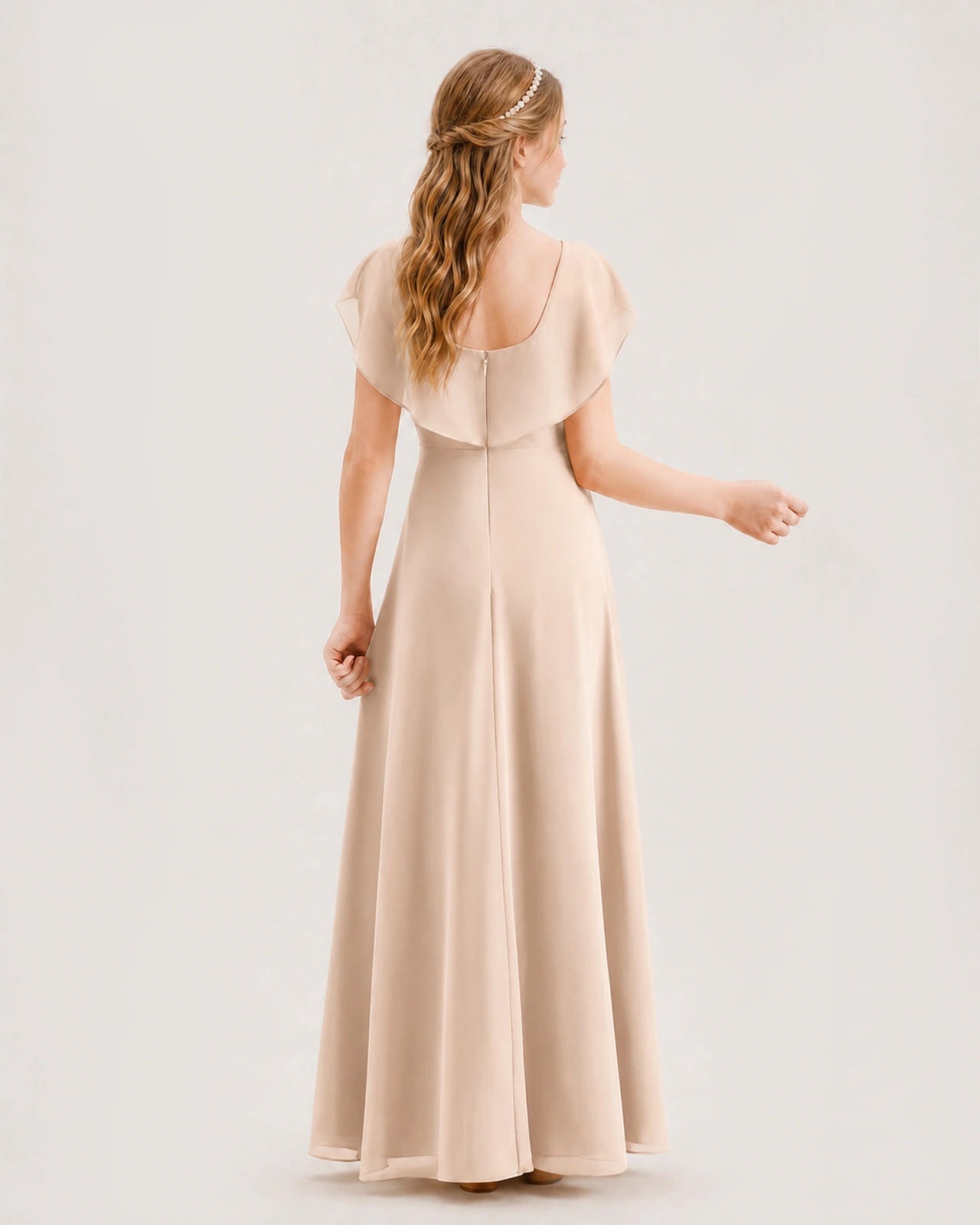 Peach Junior Bridesmaid Dress Ruffle Collar Flowy Chiffon A-Line Floor-Length Gown  Back Full View