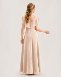 Peach Junior Bridesmaid Dress Ruffle Collar Flowy Chiffon A-Line Floor-Length Gown  Back Full View
