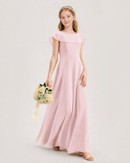 Pink Junior Bridesmaid Dress Ruffle Collar Flowy Chiffon A-Line Floor-Length Gown Front Full View