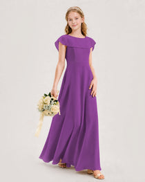 Purple Junior Bridesmaid Dress Ruffle Collar Flowy Chiffon A-Line Floor-Length Gown Front Full View