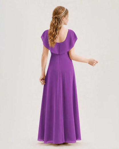 Purple Junior Bridesmaid Dress Ruffle Collar Flowy Chiffon A-Line Floor-Length Gown Back Full View