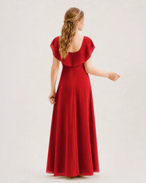 Red Junior Bridesmaid Dress Ruffle Collar Flowy Chiffon A-Line Floor-Length Gown Back Full View