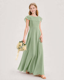 Sage Green Junior Bridesmaid Dress Ruffle Collar Flowy Chiffon A-Line Floor-Length Gown Front Full View
