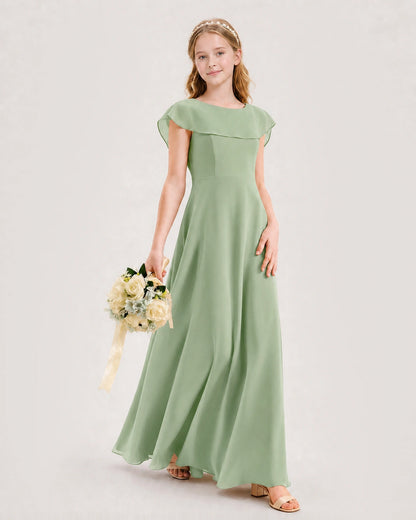 Sage Green Junior Bridesmaid Dress Ruffle Collar Flowy Chiffon A-Line Floor-Length Gown Front Full View