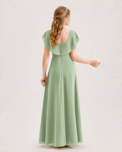Sage Green Junior Bridesmaid Dress Ruffle Collar Flowy Chiffon A-Line Floor-Length Gown Back Full View