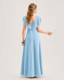 Sky Blue Junior Bridesmaid Dress Ruffle Collar Flowy Chiffon A-Line Floor-Length Gown Back Full View