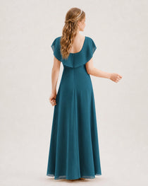 Peacock Junior Bridesmaid Dress Ruffle Collar Flowy Chiffon A-Line Floor-Length Gown Back Full View