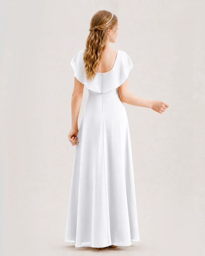 White Junior Bridesmaid Dress Ruffle Collar Flowy Chiffon A-Line Floor-Length Gown Back Full View