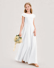 White Junior Bridesmaid Dress Ruffle Collar Flowy Chiffon A-Line Floor-Length Gown Front Full View