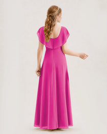 Hot Pink Junior Bridesmaid Dress Ruffle Collar Flowy Chiffon A-Line Floor-Length Gown Back Full View