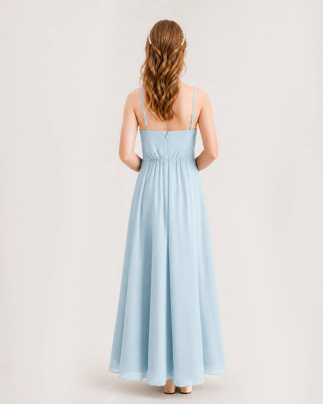 Baby Blue Junior Bridesmaid Dress Ruched Bodice High-Low Asymmetrical Chiffon A-Line Gown Back Full View