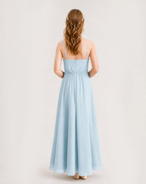 Baby Blue Junior Bridesmaid Dress Ruched Bodice High-Low Asymmetrical Chiffon A-Line Gown Back Full View