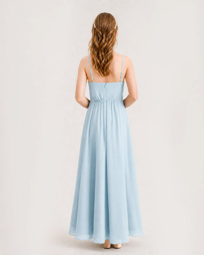 Baby Blue Junior Bridesmaid Dress Ruched Bodice High-Low Asymmetrical Chiffon A-Line Gown Back Full View