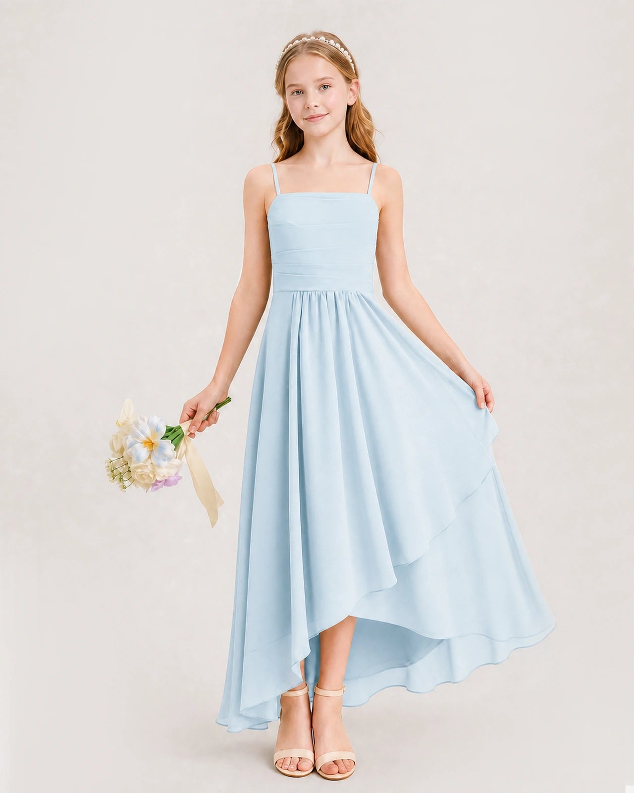 Baby Blue Junior Bridesmaid Dress Ruched Bodice High-Low Asymmetrical Chiffon A-Line Gown Front Full View