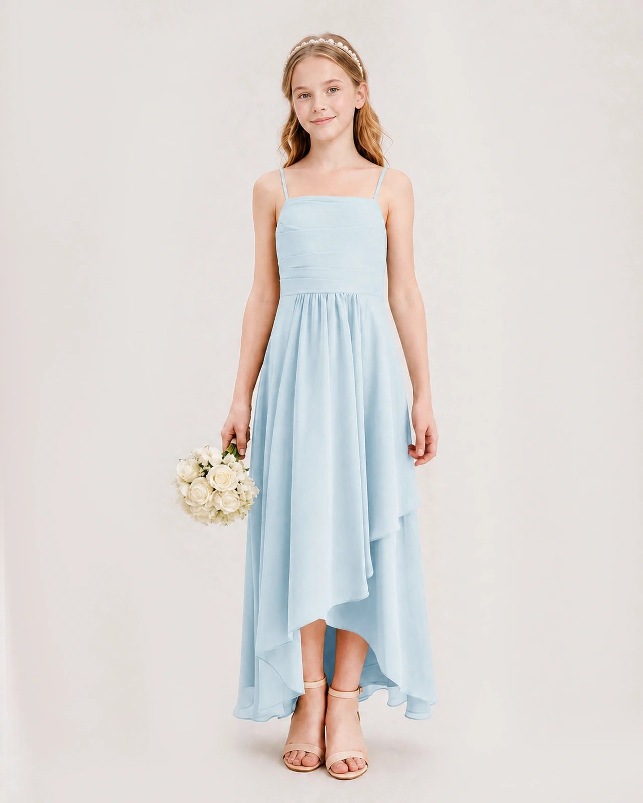 Baby Blue Junior Bridesmaid Dress Ruched Bodice High-Low Asymmetrical Chiffon A-Line Gown Front Full View