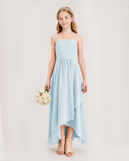 Baby Blue Junior Bridesmaid Dress Ruched Bodice High-Low Asymmetrical Chiffon A-Line Gown Front Full View