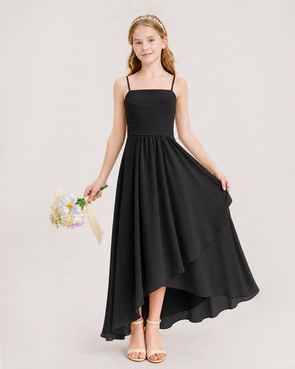 Black Junior Bridesmaid Dress Ruched Bodice High-Low Asymmetrical Chiffon A-Line Gown Front Full View