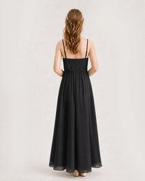 Black Junior Bridesmaid Dress Ruched Bodice High-Low Asymmetrical Chiffon A-Line Gown Back Full View