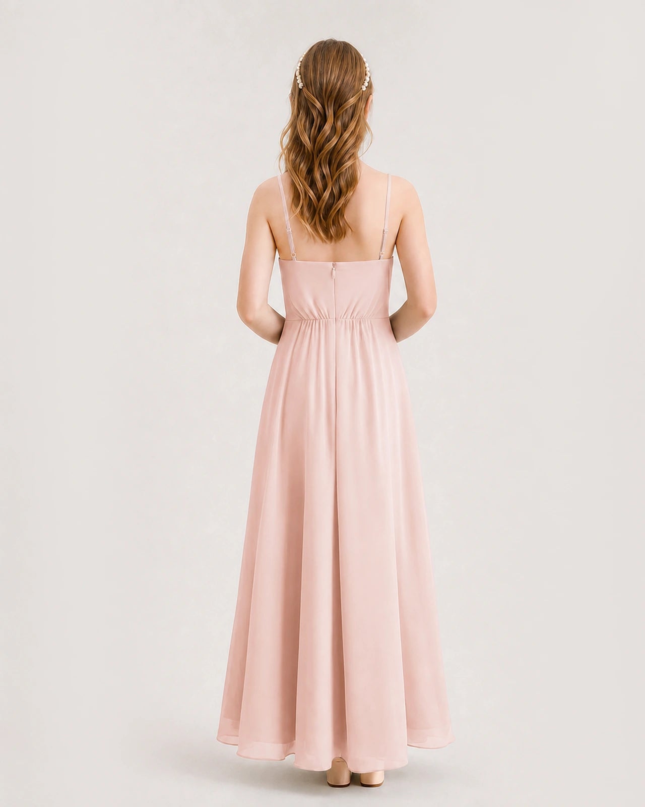 Blush Pink Junior Bridesmaid Dress Ruched Bodice High-Low Asymmetrical Chiffon A-Line Gown Back Full View