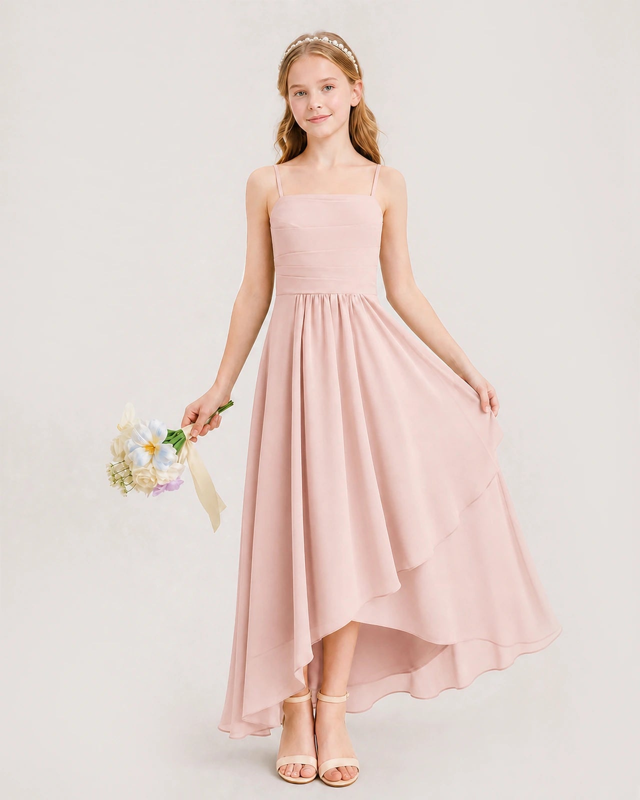 Blush Pink Junior Bridesmaid Dress Ruched Bodice High-Low Asymmetrical Chiffon A-Line Gown Front Full View
