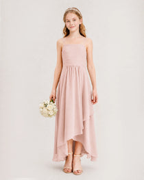 Blush Pink Junior Bridesmaid Dress Ruched Bodice High-Low Asymmetrical Chiffon A-Line Gown Front Full View