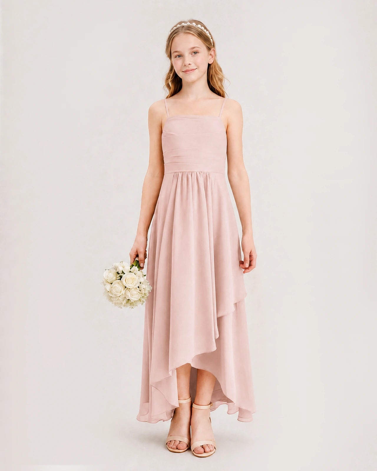 Blush Pink Junior Bridesmaid Dress Ruched Bodice High-Low Asymmetrical Chiffon A-Line Gown Front Full View