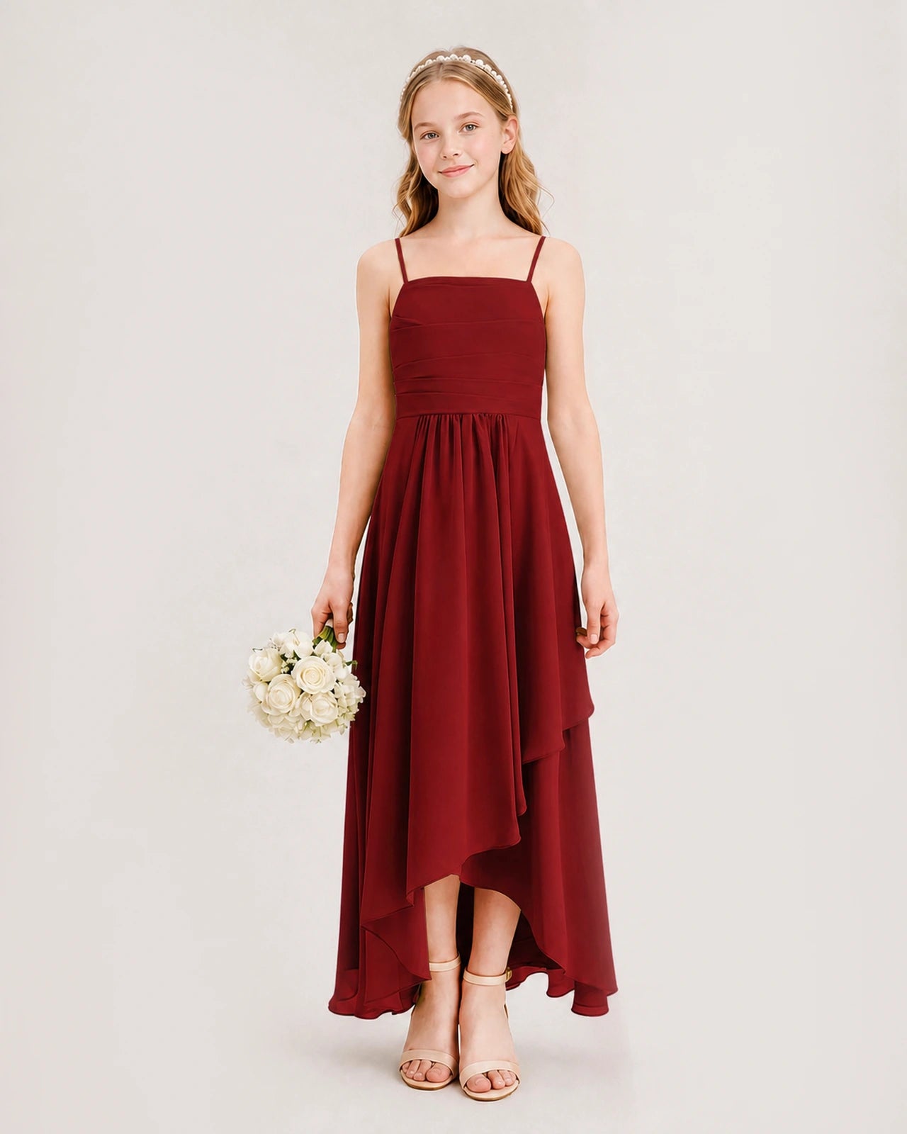 Burgundy Junior Bridesmaid Dress Ruched Bodice High-Low Asymmetrical Chiffon A-Line Gown Front Full View