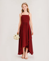 Burgundy Junior Bridesmaid Dress Ruched Bodice High-Low Asymmetrical Chiffon A-Line Gown Front Full View