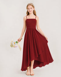 Burgundy Junior Bridesmaid Dress Ruched Bodice High-Low Asymmetrical Chiffon A-Line Gown Front Full View
