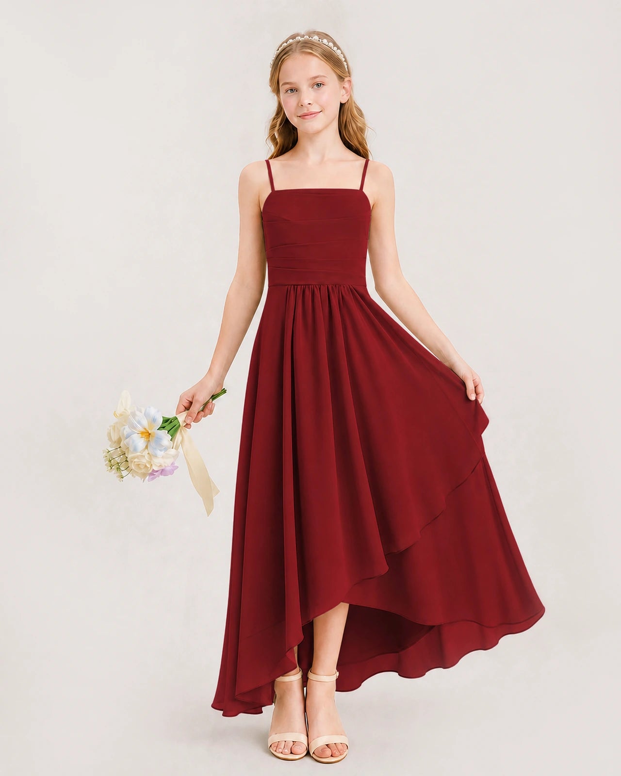Burgundy Junior Bridesmaid Dress Ruched Bodice High-Low Asymmetrical Chiffon A-Line Gown Front Full View
