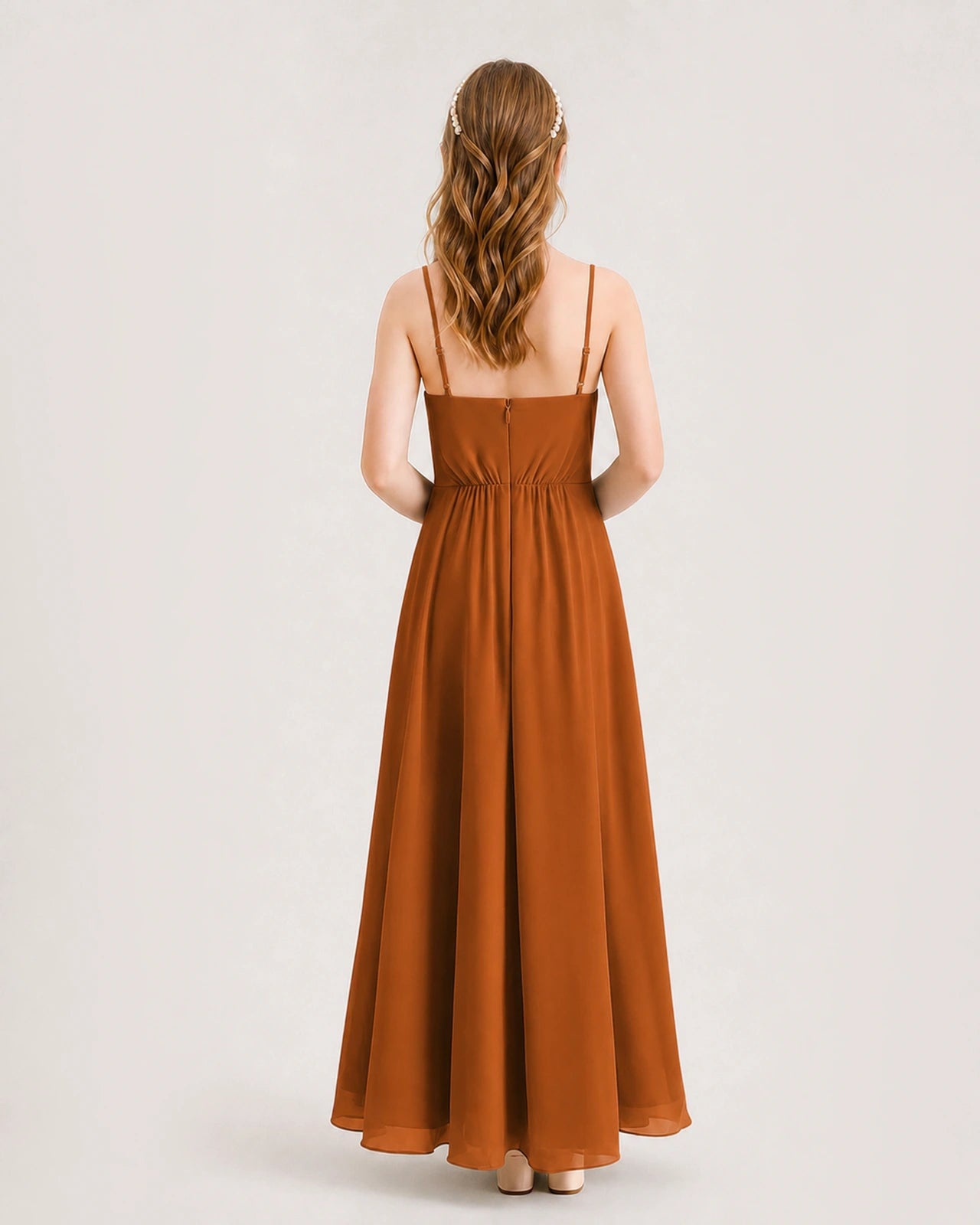 Burnt Orange Junior Bridesmaid Dress Ruched Bodice High-Low Asymmetrical Chiffon A-Line Gown Back Full View