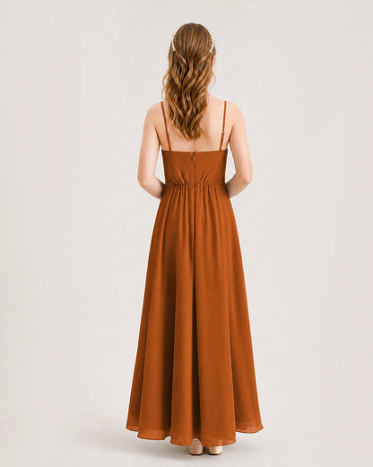 Burnt Orange Junior Bridesmaid Dress Ruched Bodice High-Low Asymmetrical Chiffon A-Line Gown Back Full View