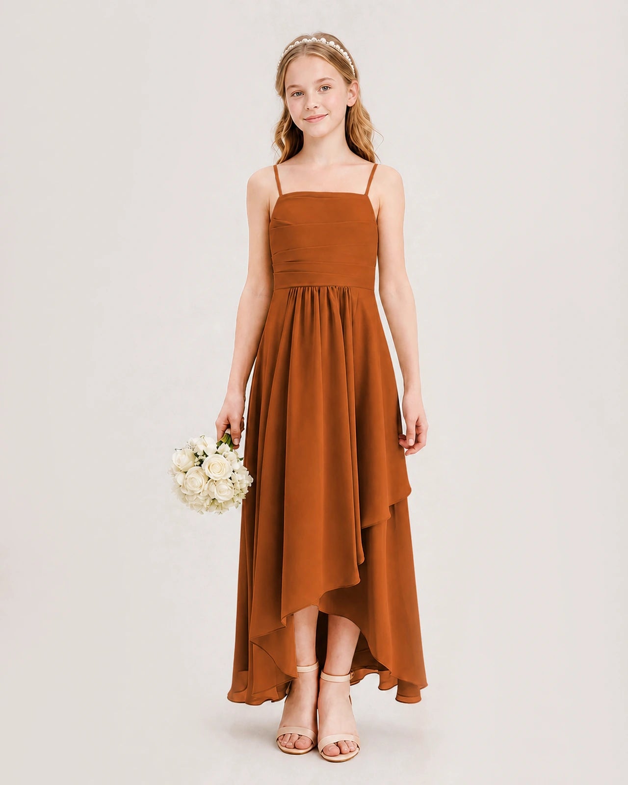 Burnt Orange Junior Bridesmaid Dress Ruched Bodice High-Low Asymmetrical Chiffon A-Line Gown Front Full View