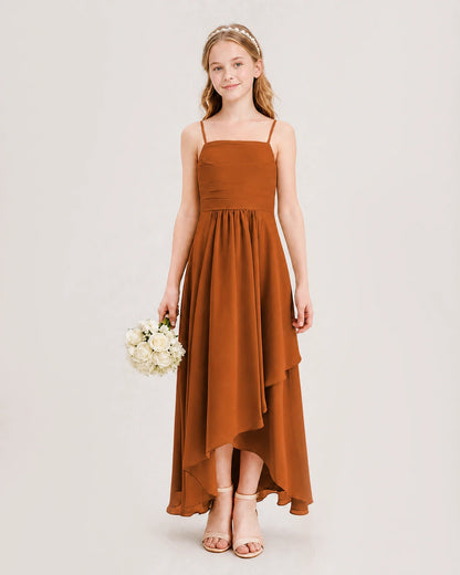 Burnt Orange Junior Bridesmaid Dress Ruched Bodice High-Low Asymmetrical Chiffon A-Line Gown Front Full View