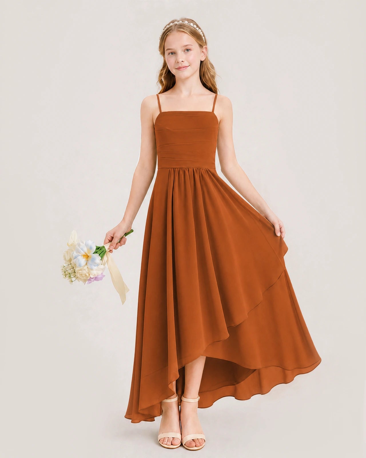 Burnt Orange Junior Bridesmaid Dress Ruched Bodice High-Low Asymmetrical Chiffon A-Line Gown Front Full View