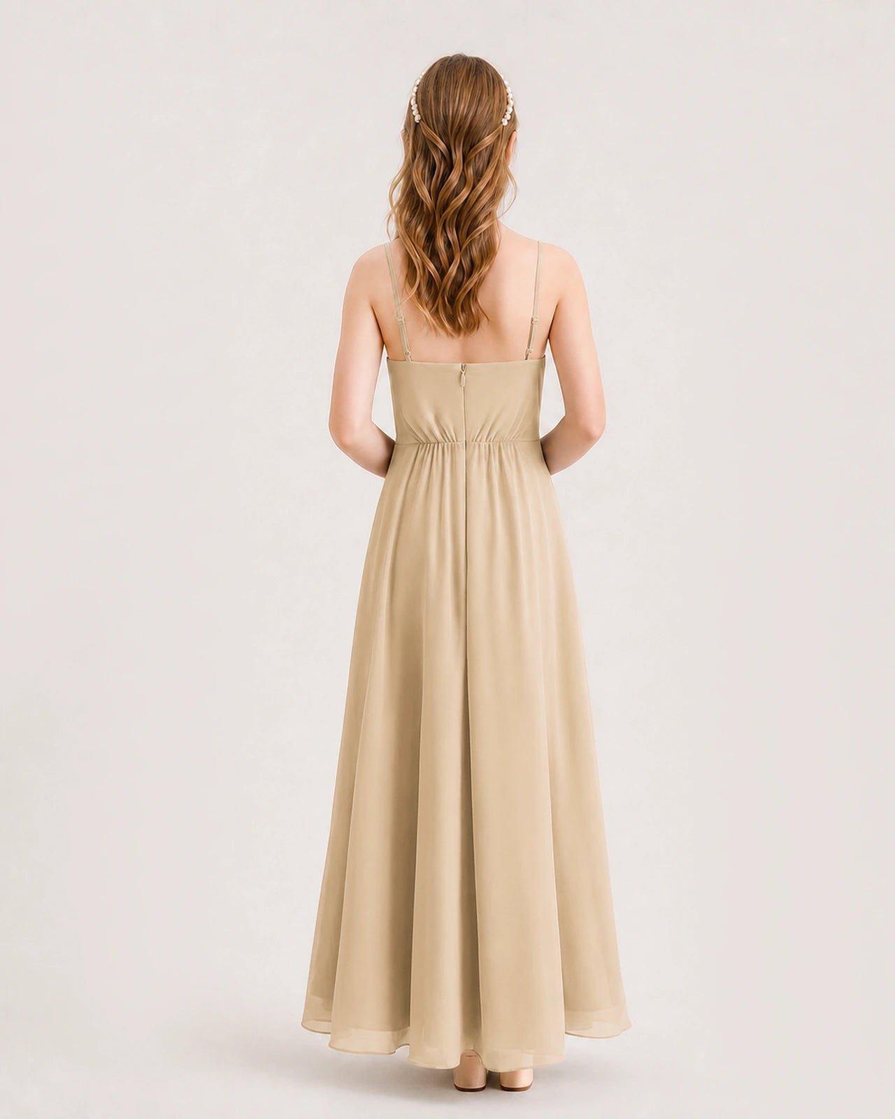 Champagne Junior Bridesmaid Dress Ruched Bodice High-Low Asymmetrical Chiffon A-Line Gown Back Full View