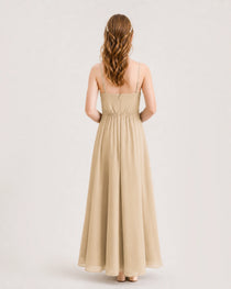 Champagne Junior Bridesmaid Dress Ruched Bodice High-Low Asymmetrical Chiffon A-Line Gown Back Full View