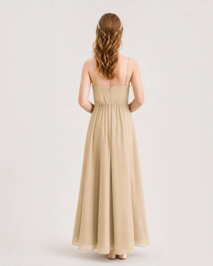 Champagne Junior Bridesmaid Dress Ruched Bodice High-Low Asymmetrical Chiffon A-Line Gown Back Full View