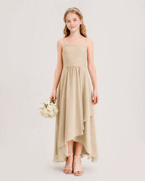 Champagne Junior Bridesmaid Dress Ruched Bodice High-Low Asymmetrical Chiffon A-Line Gown Front Full View