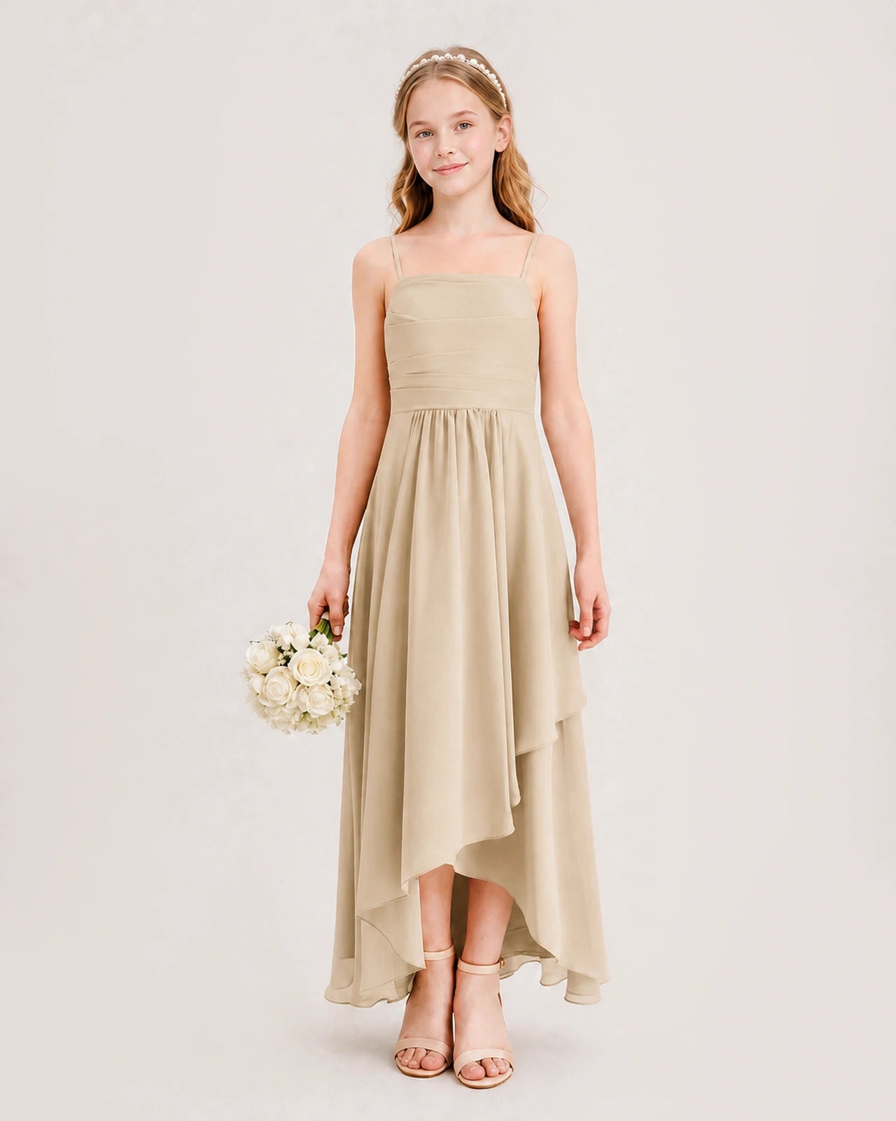 Champagne Junior Bridesmaid Dress Ruched Bodice High-Low Asymmetrical Chiffon A-Line Gown Front Full View