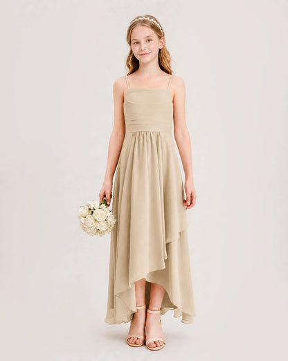 Champagne Junior Bridesmaid Dress Ruched Bodice High-Low Asymmetrical Chiffon A-Line Gown Front Full View
