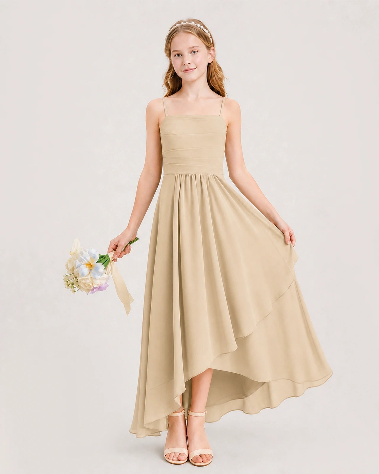 Champagne Junior Bridesmaid Dress Ruched Bodice High-Low Asymmetrical Chiffon A-Line Gown Front Full View