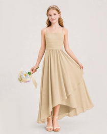 Champagne Junior Bridesmaid Dress Ruched Bodice High-Low Asymmetrical Chiffon A-Line Gown Front Full View
