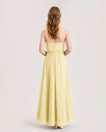 Daffodil Junior Bridesmaid Dress Ruched Bodice High-Low Asymmetrical Chiffon A-Line Gown FBack Full View