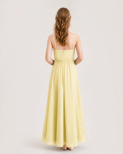 Daffodil Junior Bridesmaid Dress Ruched Bodice High-Low Asymmetrical Chiffon A-Line Gown FBack Full View