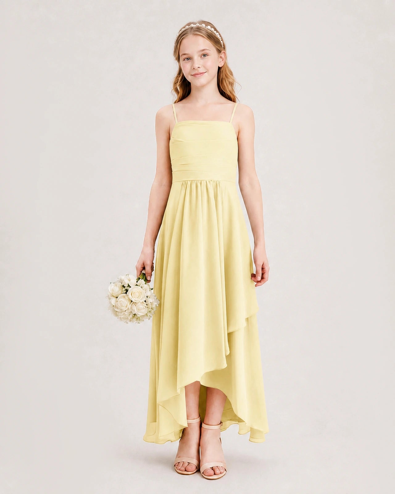 Daffodil Junior Bridesmaid Dress Ruched Bodice High-Low Asymmetrical Chiffon A-Line Gown Front Full View